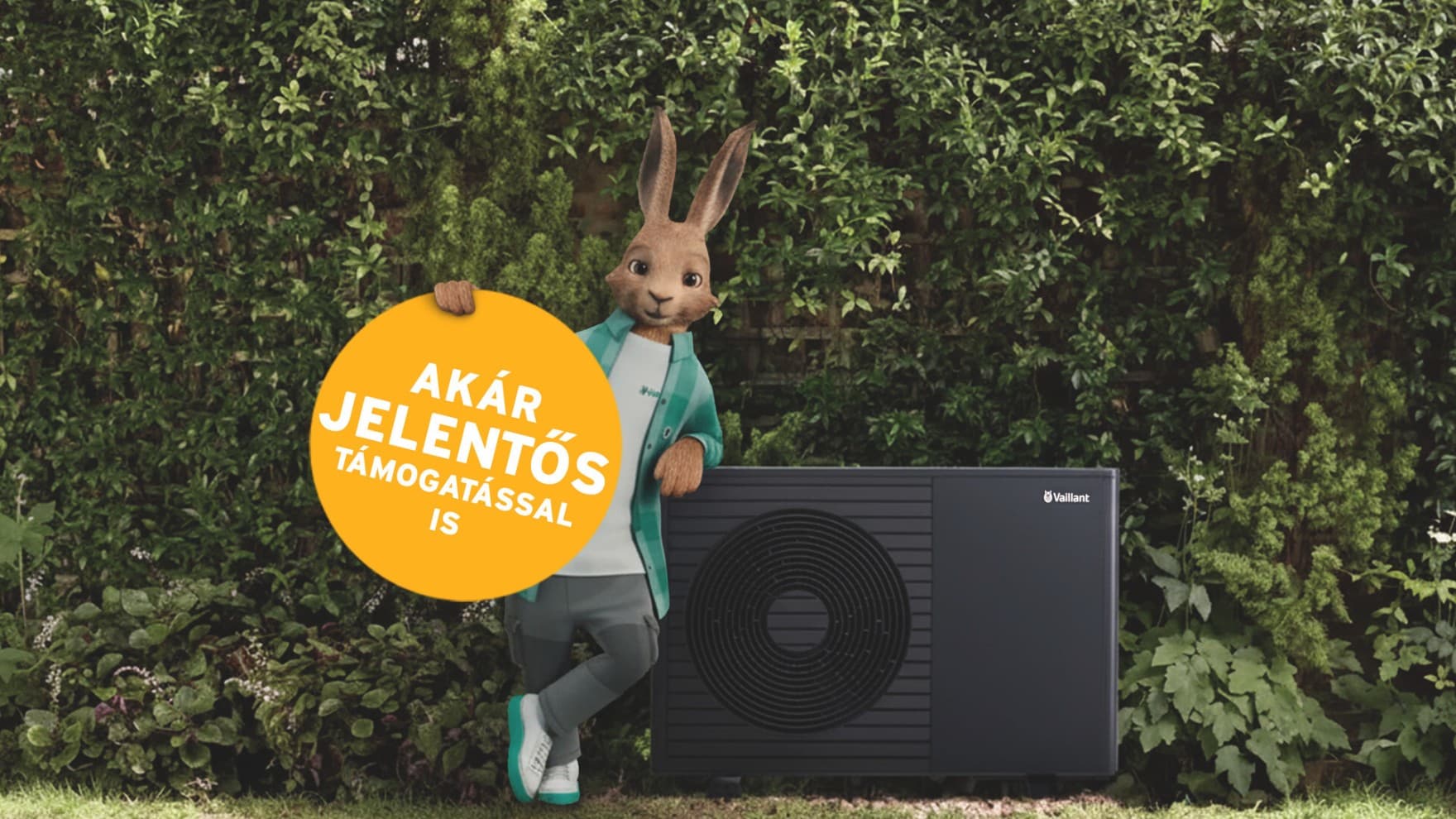 Vaillant nyúl egy „Most akár 75% támogatást kaphat” felirattal.