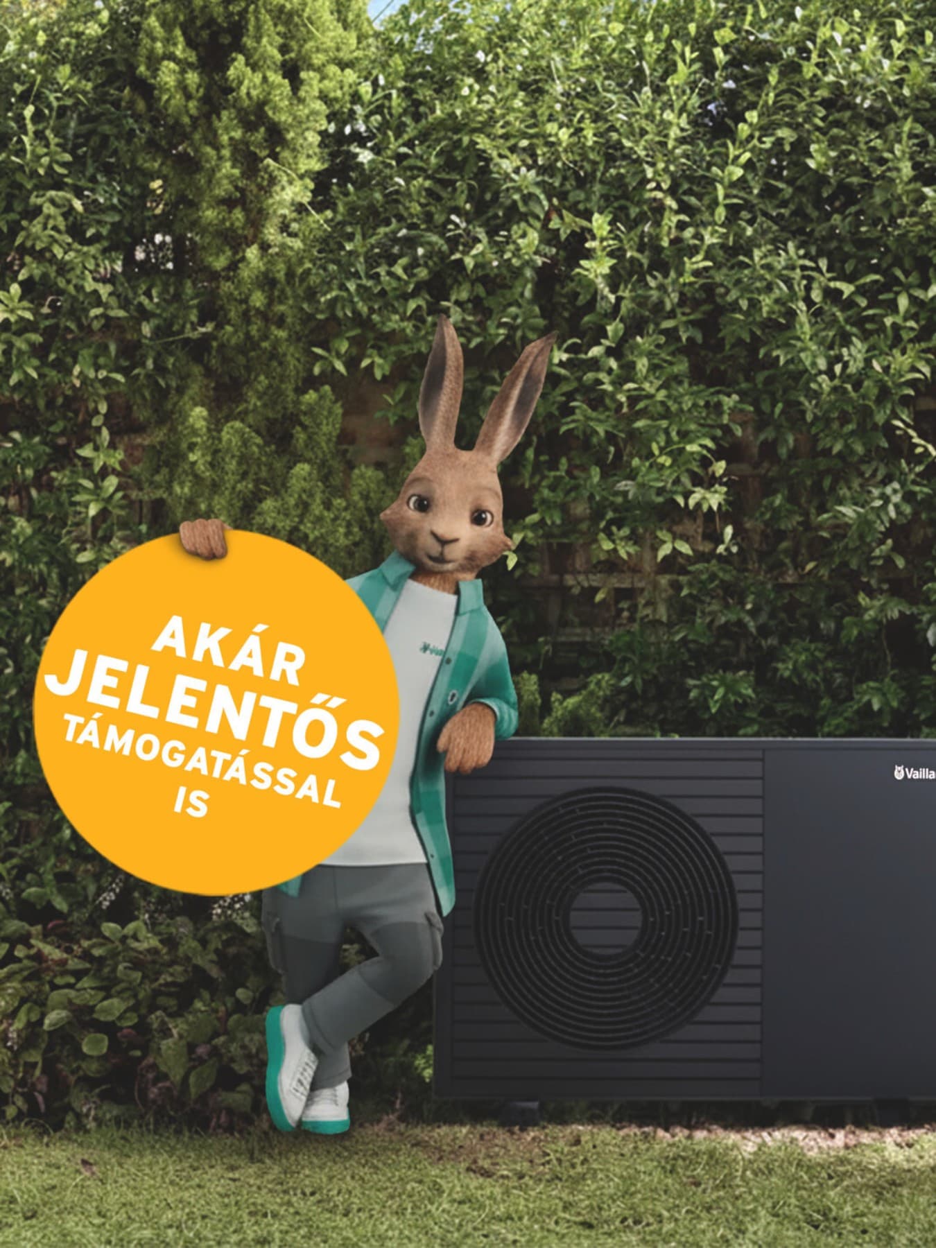 Vaillant nyúl egy „Most akár 75% támogatást kaphat” felirattal.
