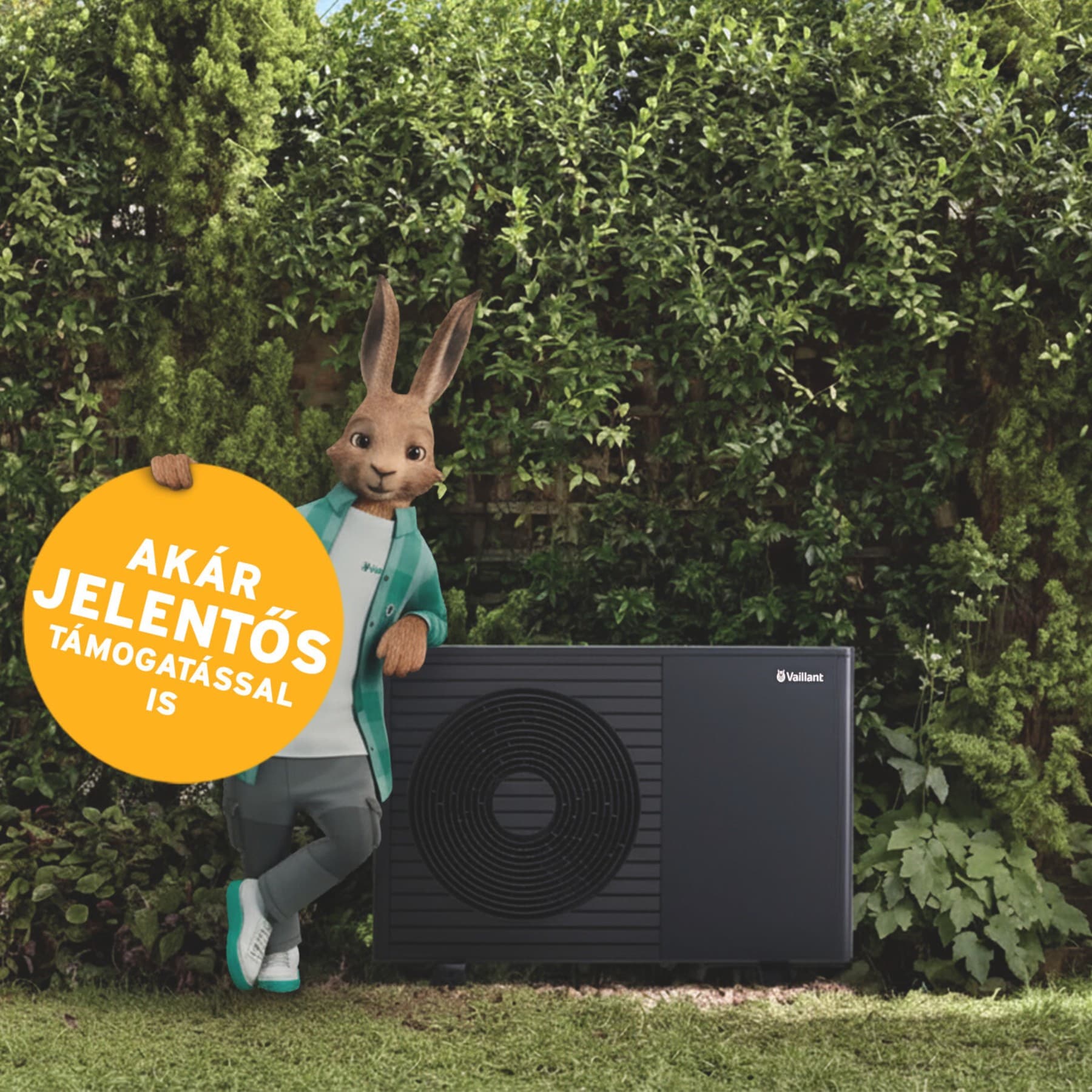Vaillant nyúl egy „Most akár 75% támogatást kaphat” felirattal.