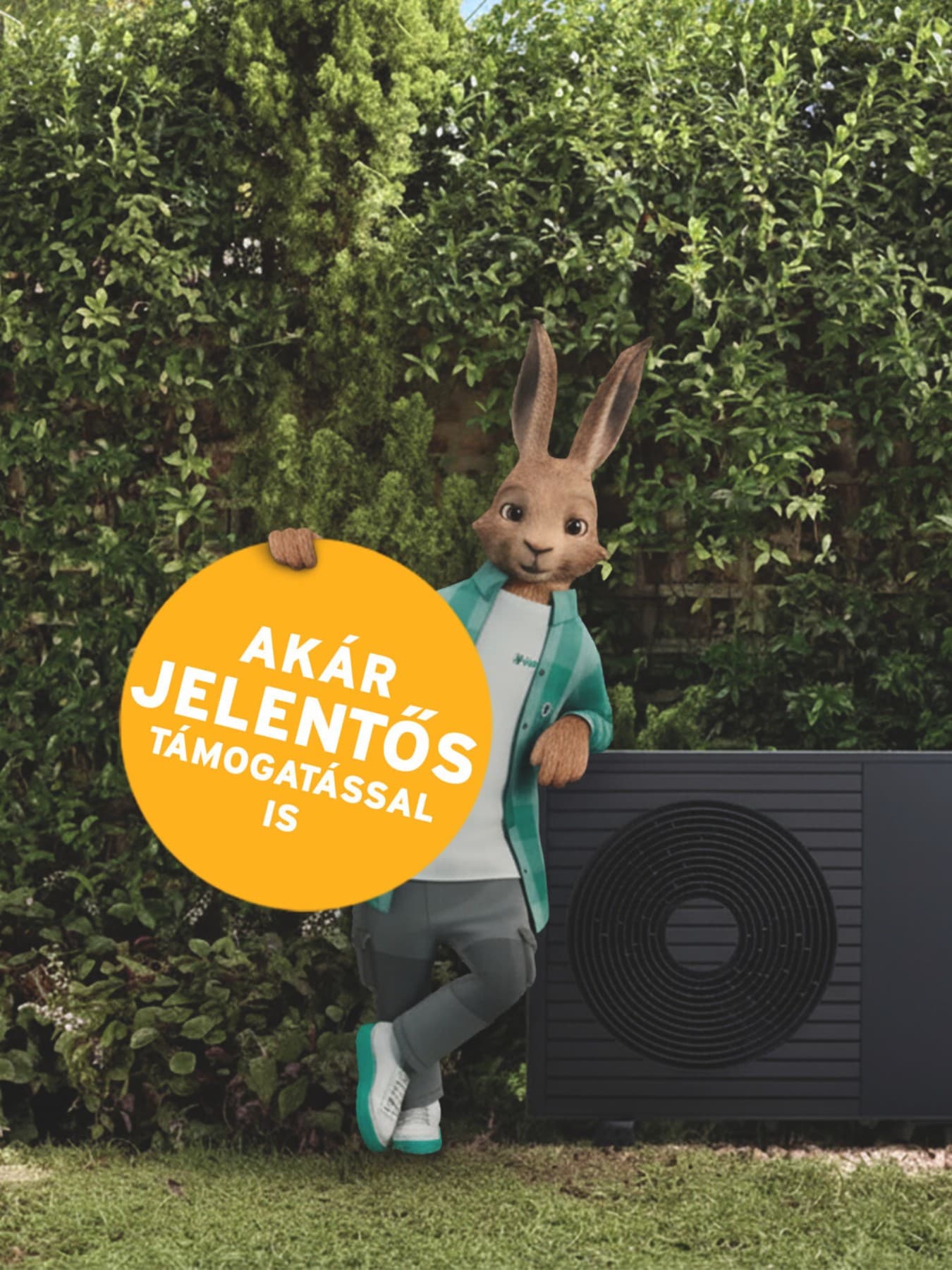 Vaillant nyúl egy „Most akár 75% támogatást kaphat” felirattal.