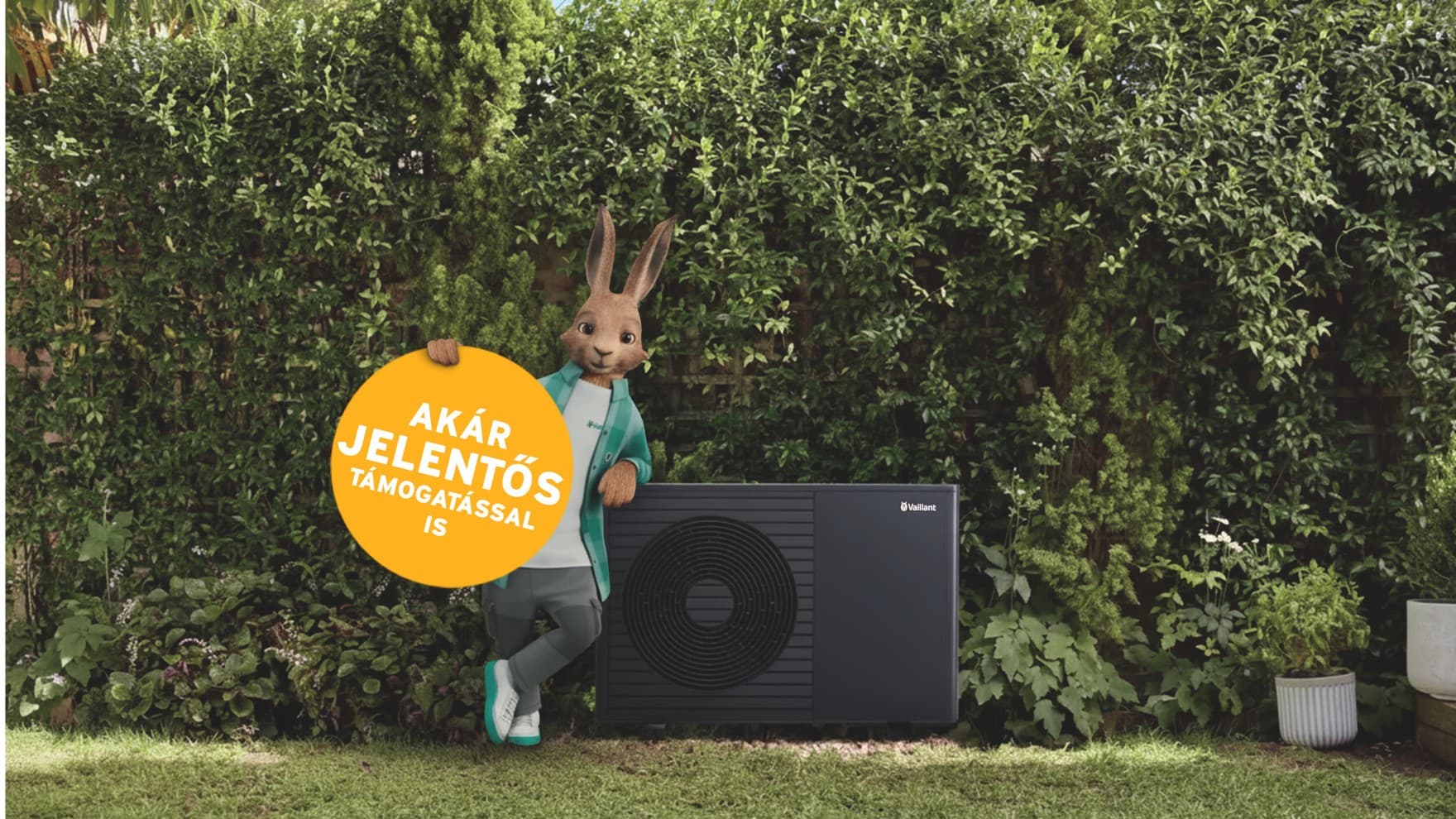 Vaillant nyúl egy „Most akár 75% támogatást kaphat” felirattal.