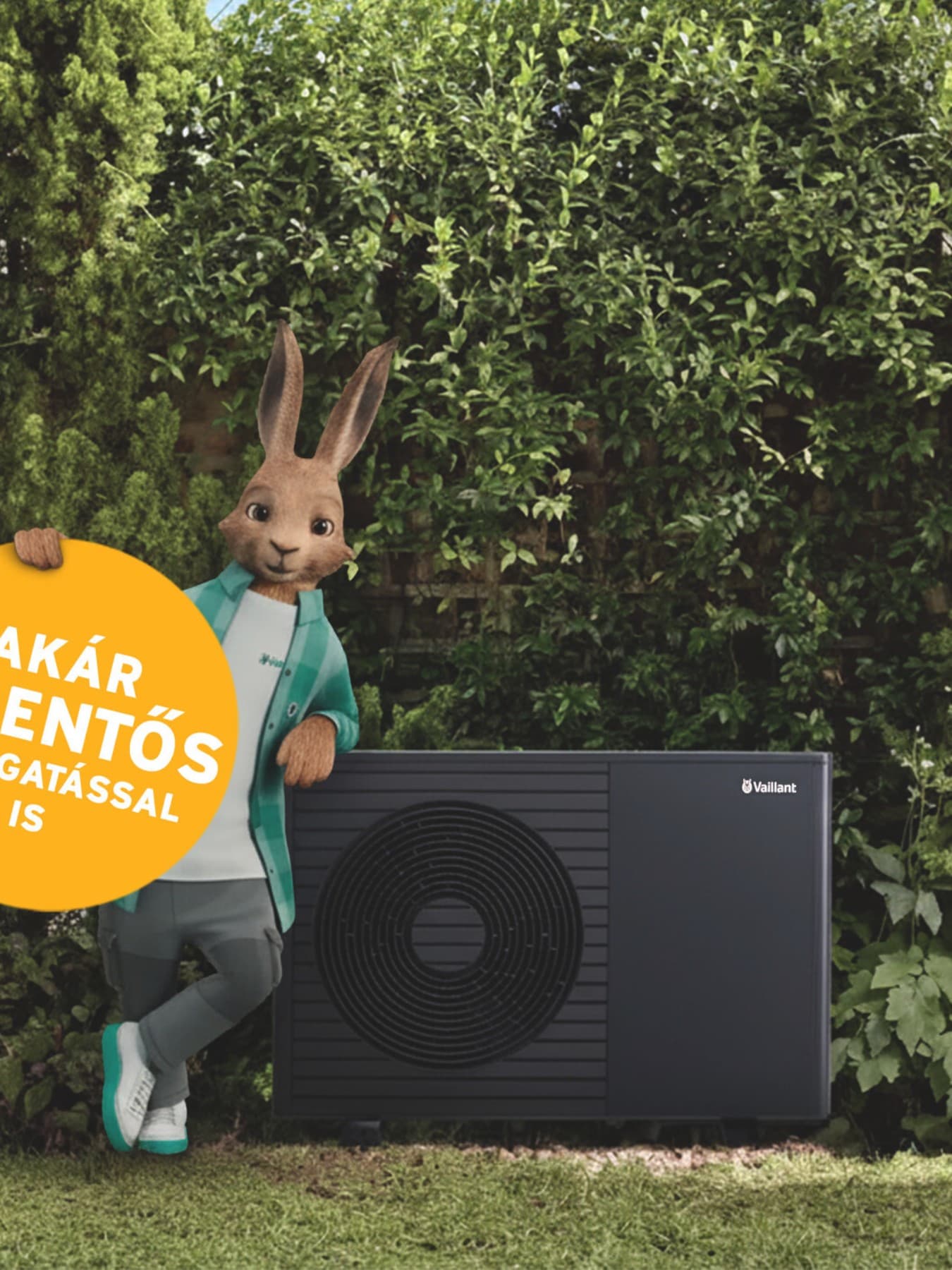 Vaillant nyúl egy „Most akár 75% támogatást kaphat” felirattal.