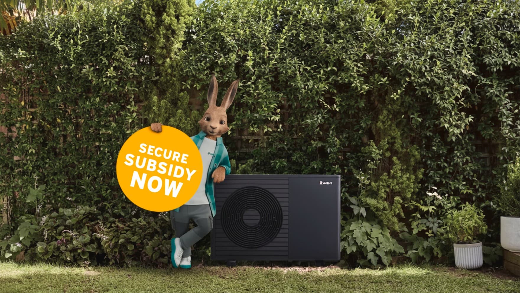 Vaillant nyúl egy „Most akár 75% támogatást kaphat” felirattal.